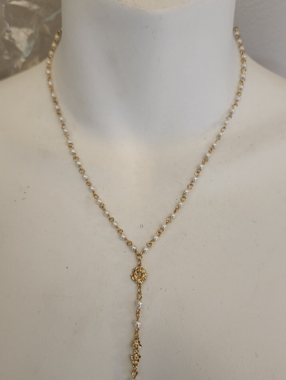 Delicate Gold Tone Pearl Station Rosary-Style Y- Drop Necklace
